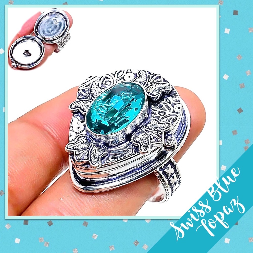 Swiss Blue Topaz Eclectic Floral Silver Poison Ring, Size 9 (Aqua Blue-Green)